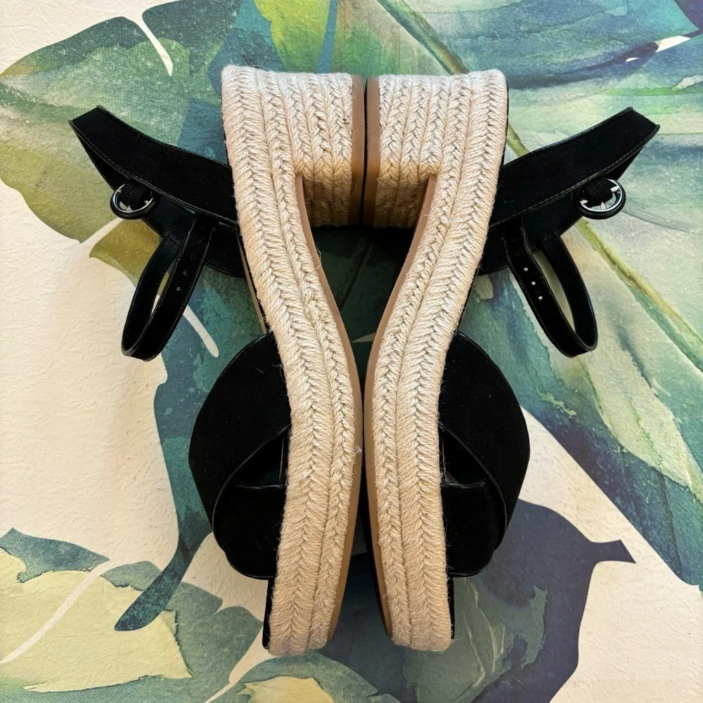 J. CREW Heeled Platform Espadrilles Black Size 11 Faux Suede